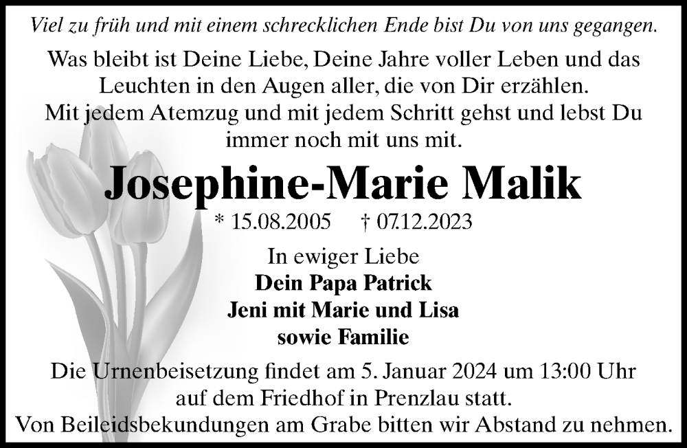  Traueranzeige für Josephine-Marie Malik vom 20.12.2023 aus Märkischen Allgemeine Zeitung