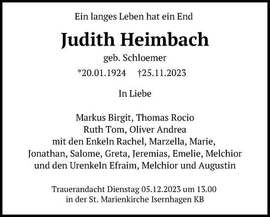 Traueranzeige von Judith Heimbach von Hannoversche Allgemeine Zeitung/Neue Presse