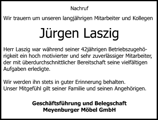 Traueranzeige von Jürgen Laszig von Märkischen Allgemeine Zeitung