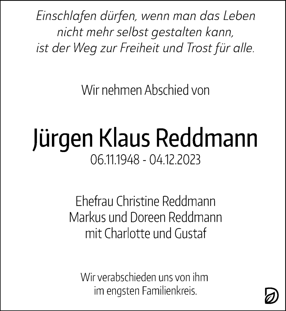  Traueranzeige für Jürgen Klaus Reddmann vom 16.12.2023 aus Leipziger Volkszeitung