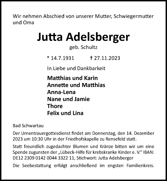 Traueranzeige von Jutta Adelsberger von Lübecker Nachrichten