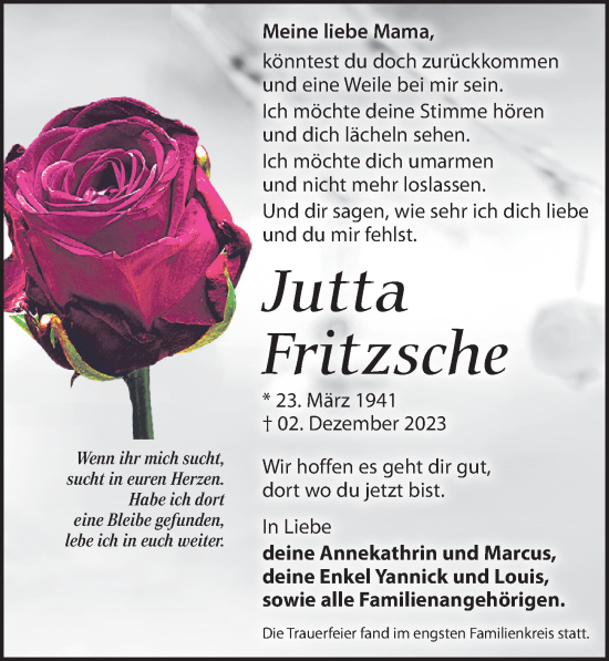 Traueranzeige von Jutta Fritzsche von Leipziger Volkszeitung