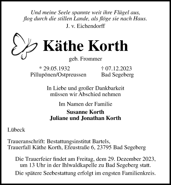 Traueranzeige von Käthe Korth von Lübecker Nachrichten