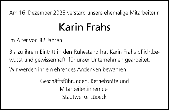 Traueranzeige von Karin Frahs von Lübecker Nachrichten