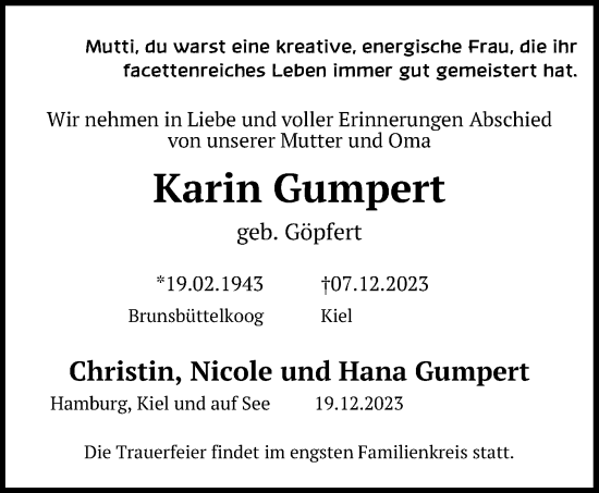 Traueranzeige von Karin Gumpert von Kieler Nachrichten