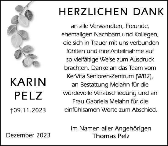 Traueranzeige von Karin Pelz