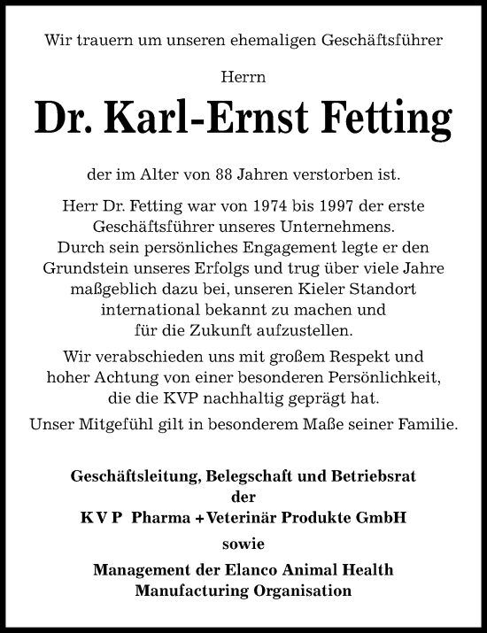 Traueranzeige von Karl-Ernst Fetting von Kieler Nachrichten