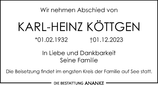 Traueranzeige von Karl-Heinz Köttgen von Leipziger Volkszeitung