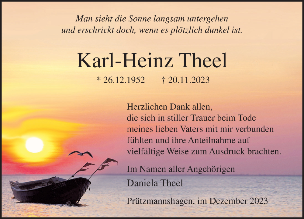  Traueranzeige für Karl-Heinz Theel vom 16.12.2023 aus Ostsee-Zeitung GmbH