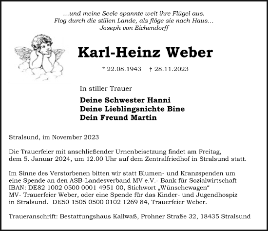 Traueranzeige von Karl-Heinz Weber von Ostsee-Zeitung GmbH