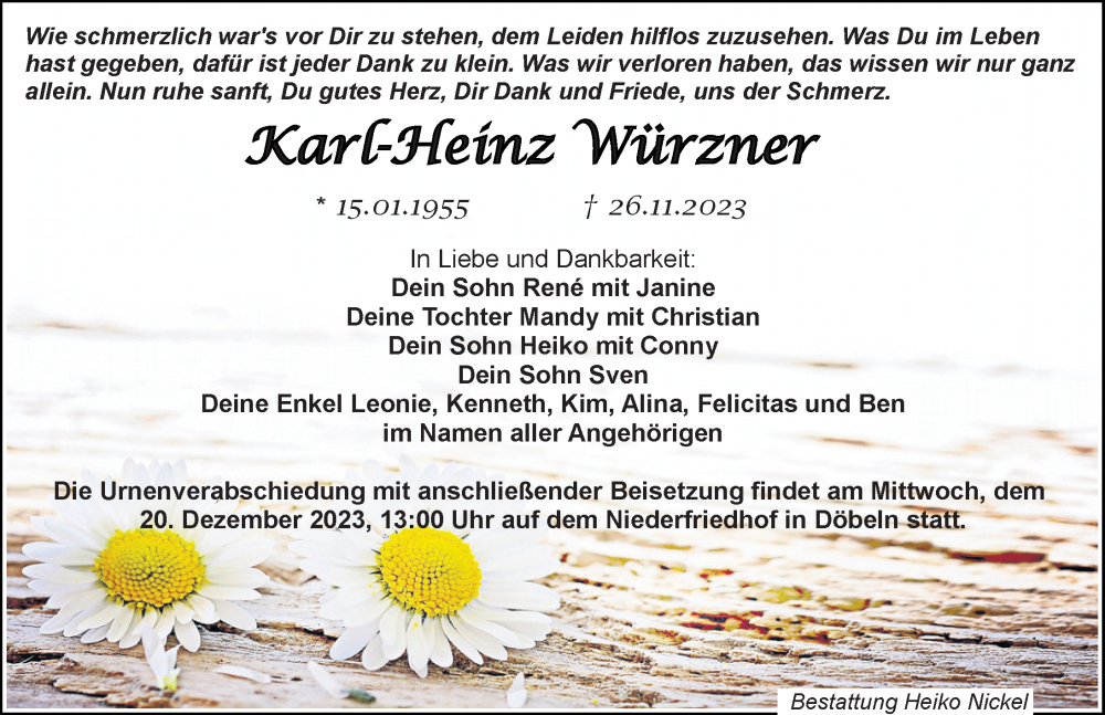  Traueranzeige für Karl-Heinz Würzner vom 02.12.2023 aus Leipziger Volkszeitung