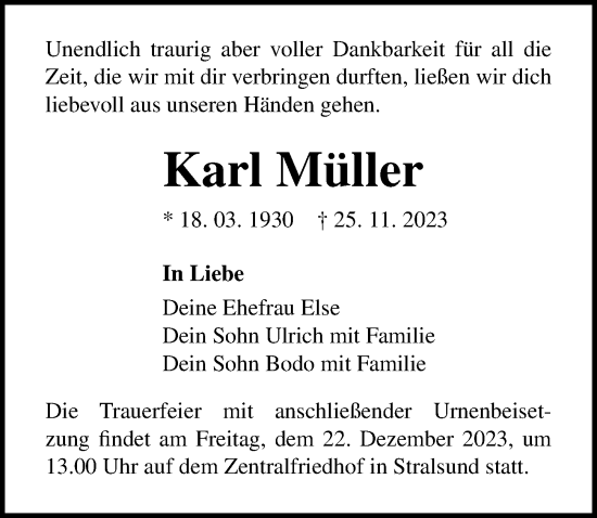 Traueranzeige von Karl Müller von Ostsee-Zeitung GmbH