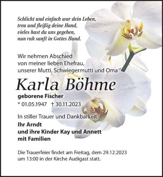 Traueranzeige von Karla Böhme von Leipziger Volkszeitung