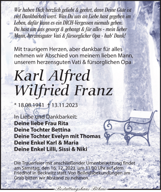 Traueranzeige von Karl Alfred Wilfried  Franz von Torgauer Zeitung