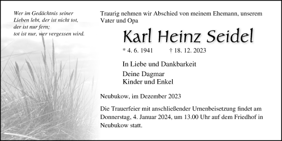 Traueranzeige von Karl Heinz Seidel von Ostsee-Zeitung GmbH