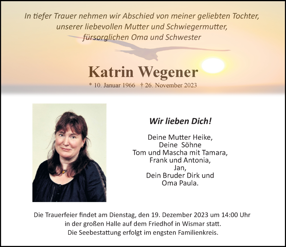  Traueranzeige für Katrin Wegener vom 09.12.2023 aus Ostsee-Zeitung GmbH