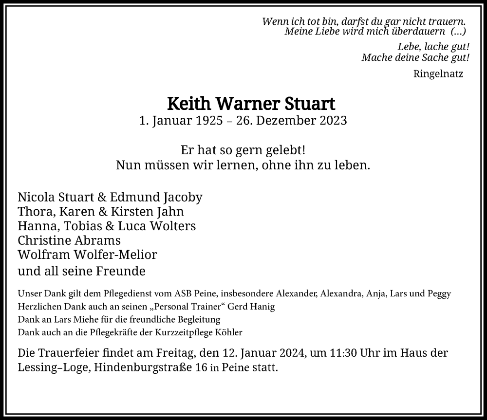  Traueranzeige für Keith Warner Stuart vom 30.12.2023 aus Peiner Allgemeine Zeitung