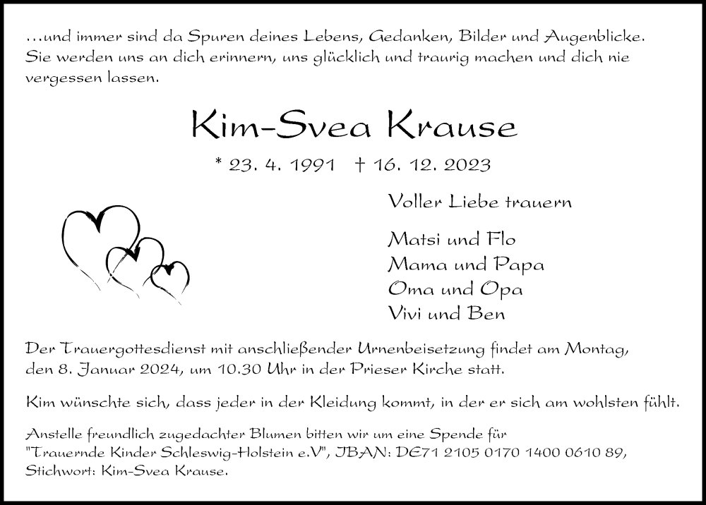  Traueranzeige für Kim-Svea Krause vom 30.12.2023 aus Kieler Nachrichten