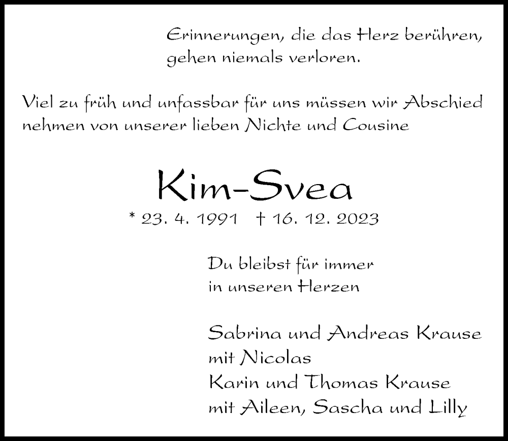  Traueranzeige für Kim-Svea Krause vom 30.12.2023 aus Kieler Nachrichten