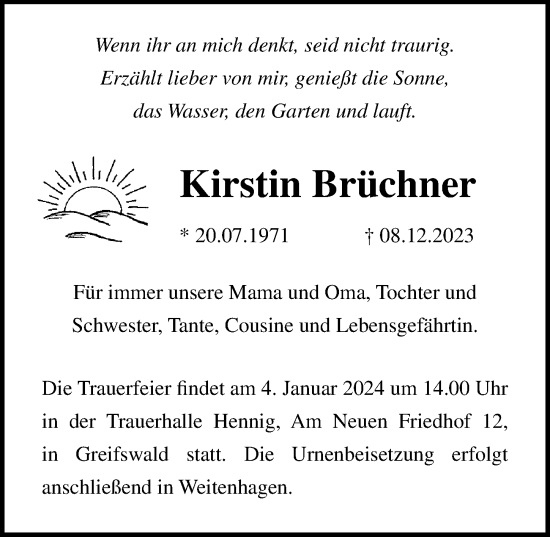 Traueranzeige von Kirstin Brüchner von Ostsee-Zeitung GmbH