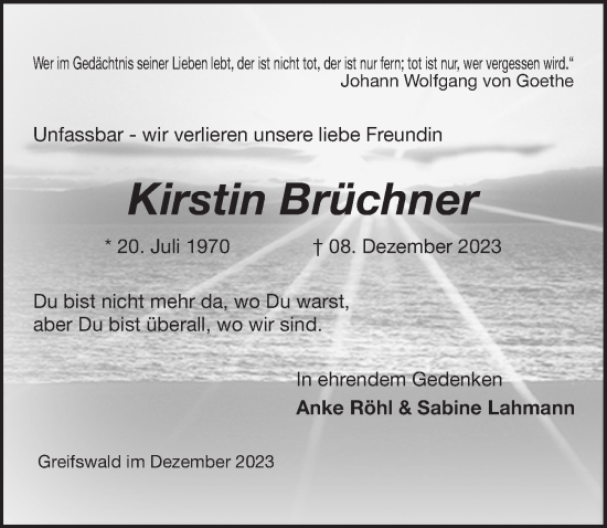 Traueranzeige von Kirstin Brüchner von Ostsee-Zeitung GmbH