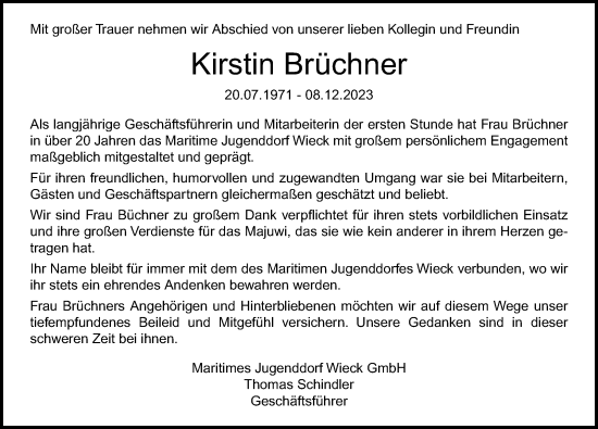 Traueranzeige von Kirstin Brüchner von Ostsee-Zeitung GmbH