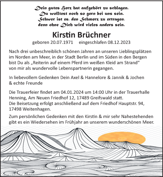 Traueranzeige von Kirstin Brüchner von Ostsee-Zeitung GmbH