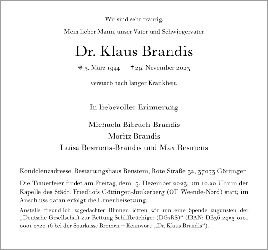 Traueranzeige von Klaus Brandis von Göttinger Tageblatt
