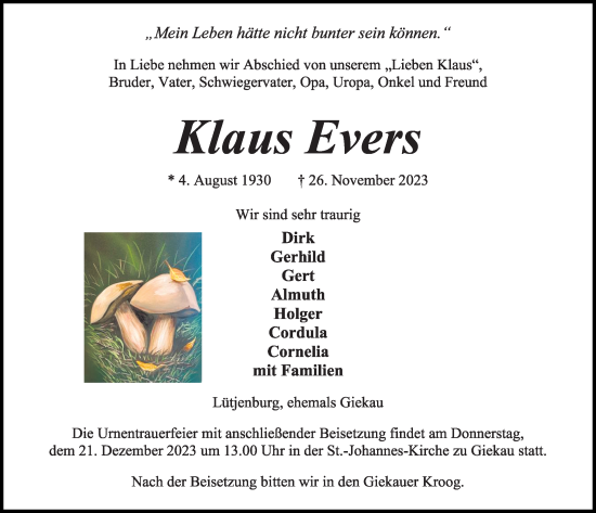 Traueranzeige von Klaus Evers von Kieler Nachrichten