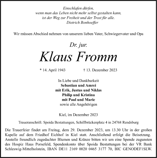 Traueranzeige von Klaus Fromm von Kieler Nachrichten