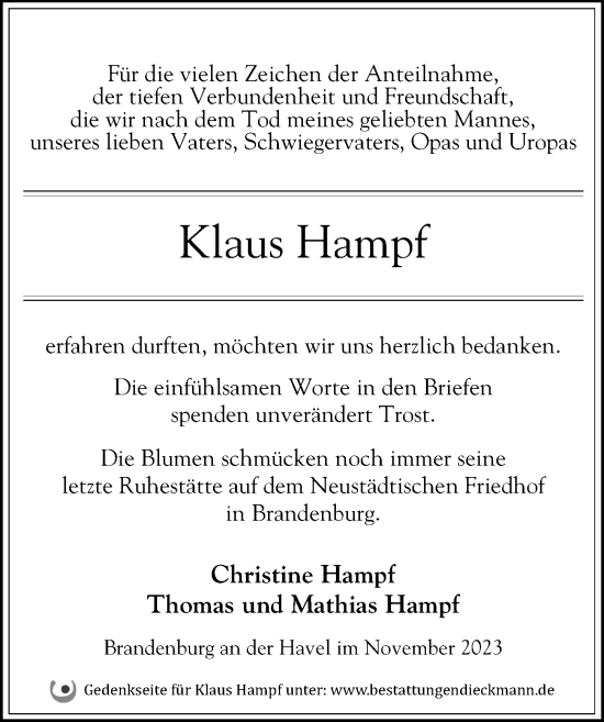 Traueranzeige von Klaus Hampf von Märkischen Allgemeine Zeitung