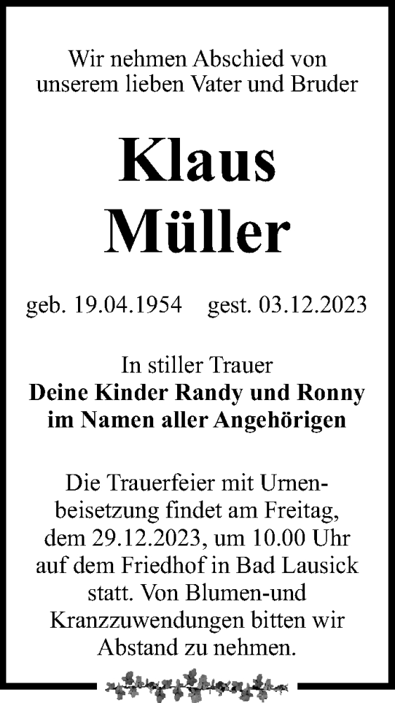  Traueranzeige für Klaus Müller vom 16.12.2023 aus Leipziger Volkszeitung