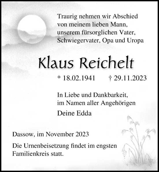 Traueranzeige von Klaus Reichelt von Ostsee-Zeitung GmbH