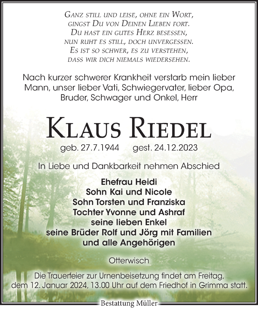 Traueranzeigen von Klaus Riedel | trauer-anzeigen.de