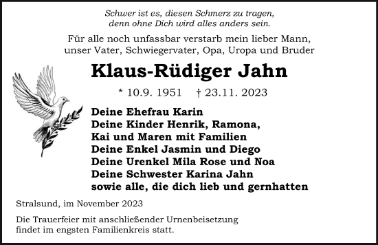 Traueranzeige von Klaus-Rüdiger Jahn von Ostsee-Zeitung GmbH