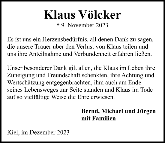 Traueranzeige von Klaus Völcker von Kieler Nachrichten