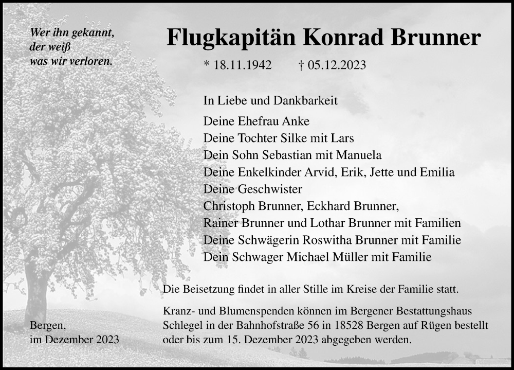  Traueranzeige für Konrad Brunner vom 09.12.2023 aus Ostsee-Zeitung GmbH