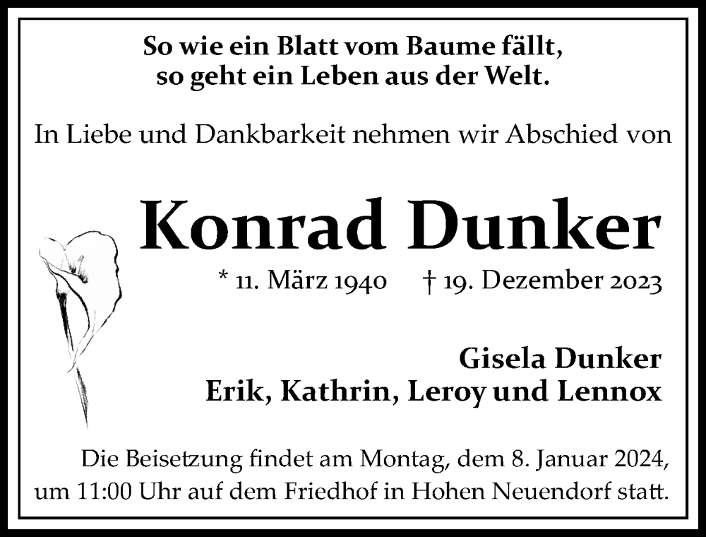  Traueranzeige für Konrad Dunker vom 23.12.2023 aus Märkischen Allgemeine Zeitung