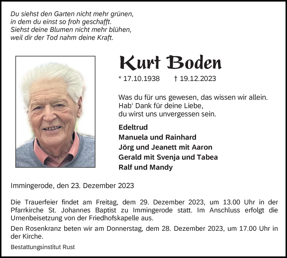  Traueranzeige für Kurt Boden vom 23.12.2023 aus Eichsfelder Tageblatt