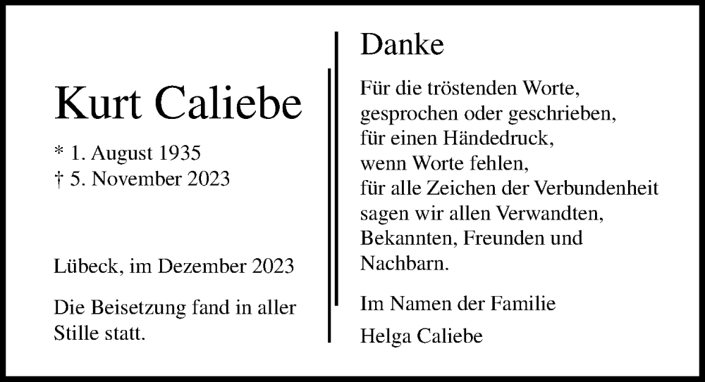 Traueranzeige für Kurt Caliebe vom 10.12.2023 aus Lübecker Nachrichten