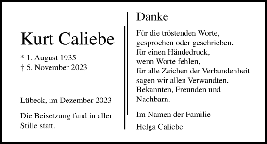 Traueranzeige von Kurt Caliebe von Lübecker Nachrichten