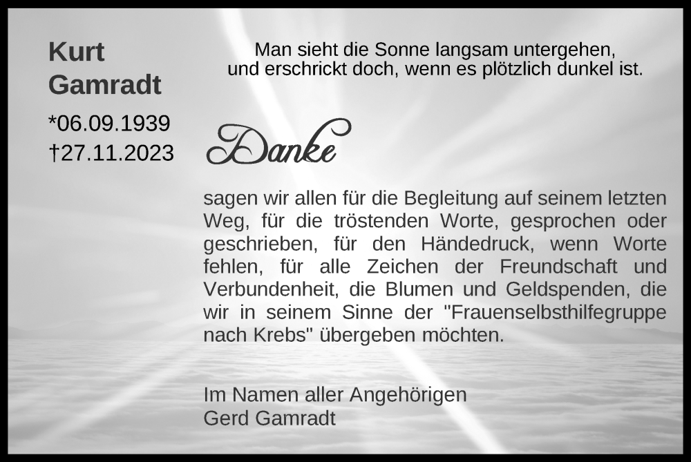  Traueranzeige für Kurt Gamradt vom 30.12.2023 aus Ostsee-Zeitung GmbH