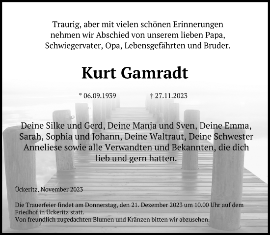 Traueranzeige von Kurt Gamradt von Ostsee-Zeitung GmbH