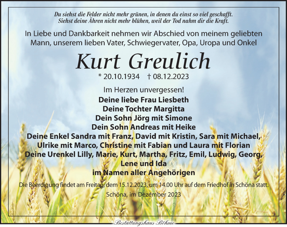  Traueranzeige für Kurt Greulich vom 13.12.2023 aus Torgauer Zeitung