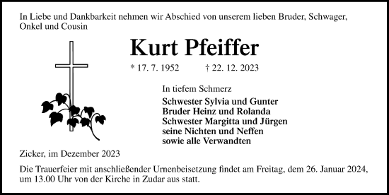 Traueranzeige von Kurt Pfeiffer von Ostsee-Zeitung GmbH