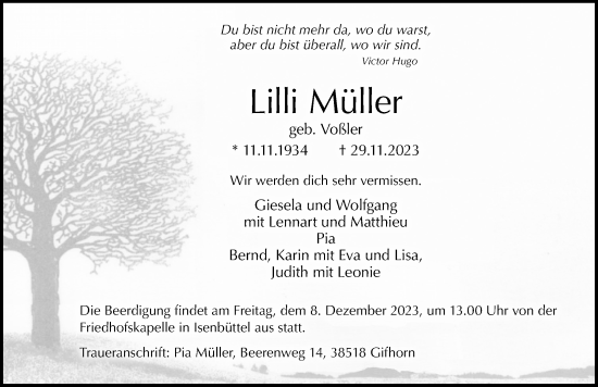 Traueranzeige von Lilli Müller von Aller Zeitung