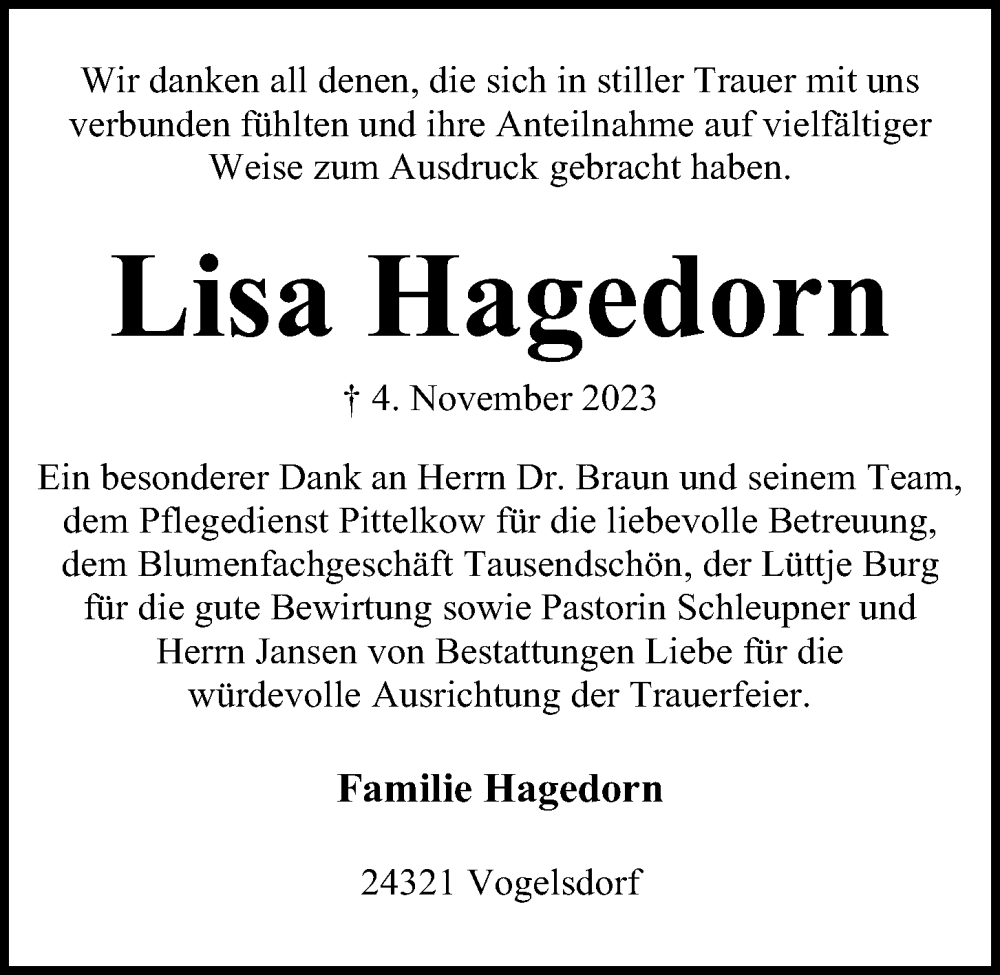 Traueranzeigen von Lisa Hagedorn | trauer-anzeigen.de