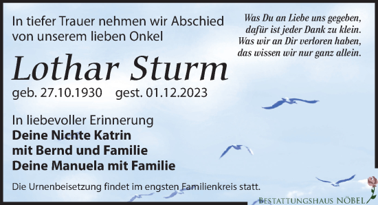 Traueranzeige von Lothar Sturm von Leipziger Volkszeitung