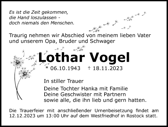 Traueranzeige von Lothar Vogel von Ostsee-Zeitung GmbH