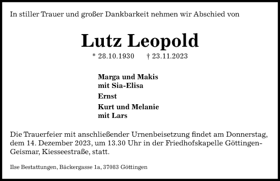 Traueranzeige von Lutz Leopold von Göttinger Tageblatt